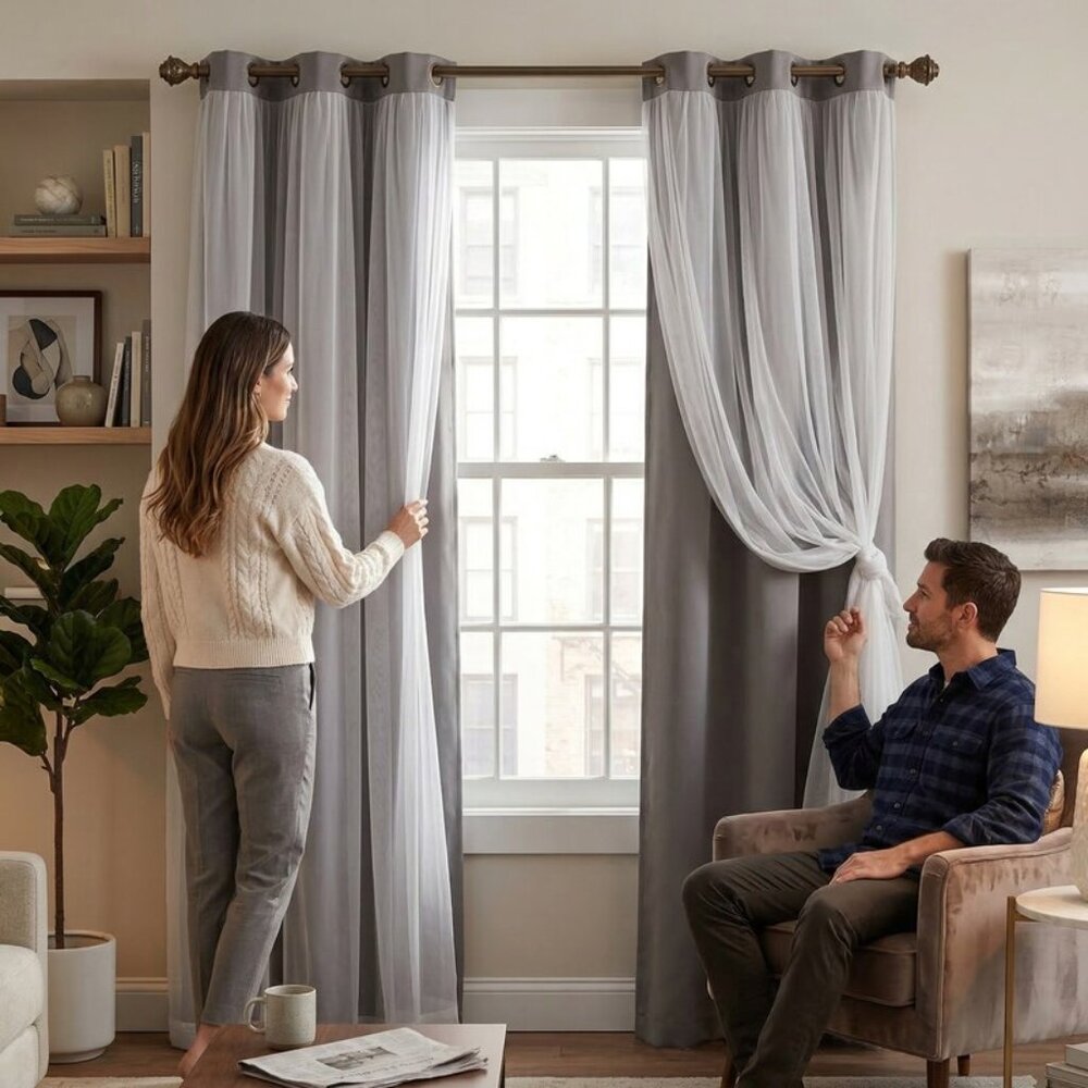 LUSH Décor Solid and Sheer Layered 38 x 84 Blackout Curtain Set